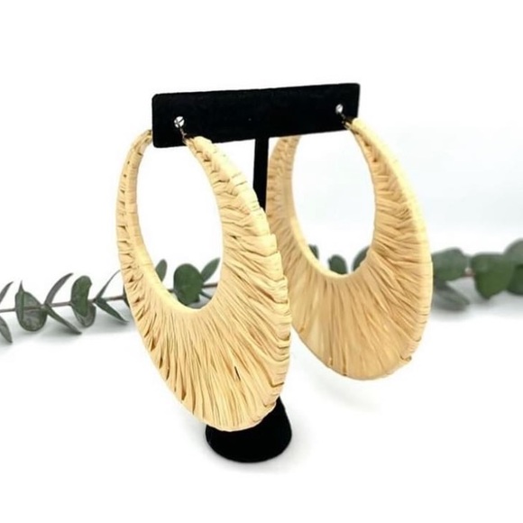 Raffia Hoop Earrings Large Size 3.5” Statement Earrings - Picture 5 of 5